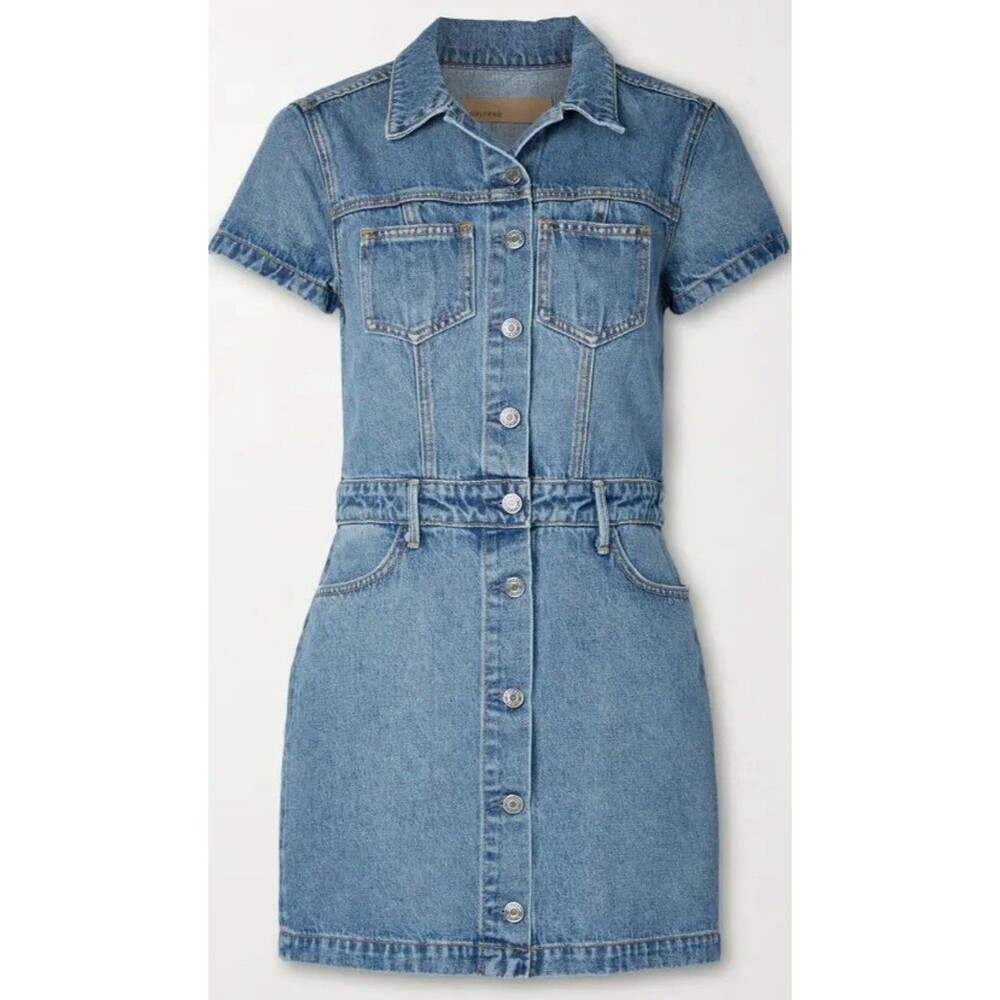 GRLFRND Macie Denim Mini Dress Short Sleeve Blue Jean Casual Shif Dress Sz Med
